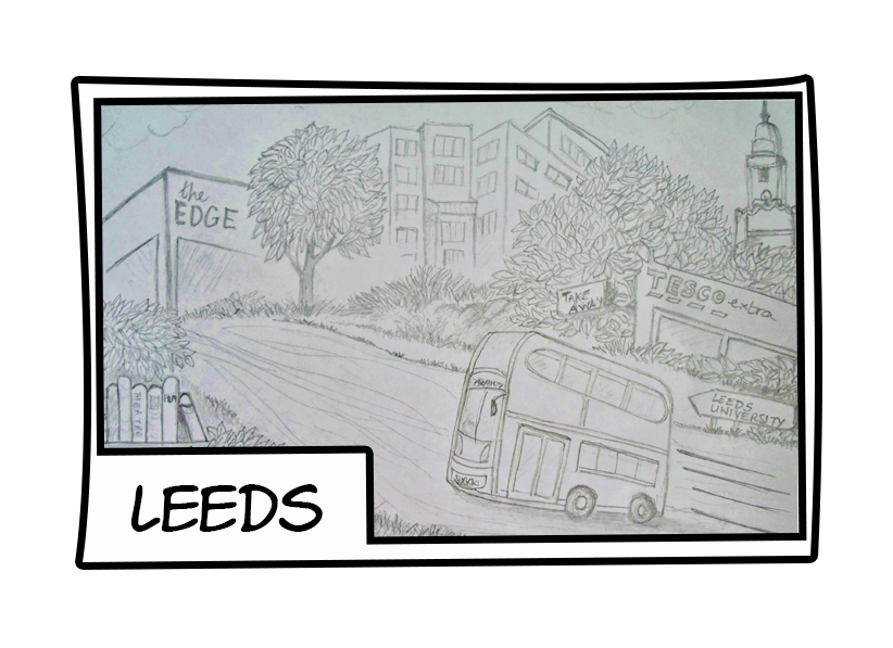 Sketch of a road with a doubledecker bus driving along. Behind is a Tesco Extra Shop, and a sign to Leeds University. To the upper left hand side is a tree and the words "The Edge". . Framed in comic book style window, with the word "Leeds" in the bottom left corner.